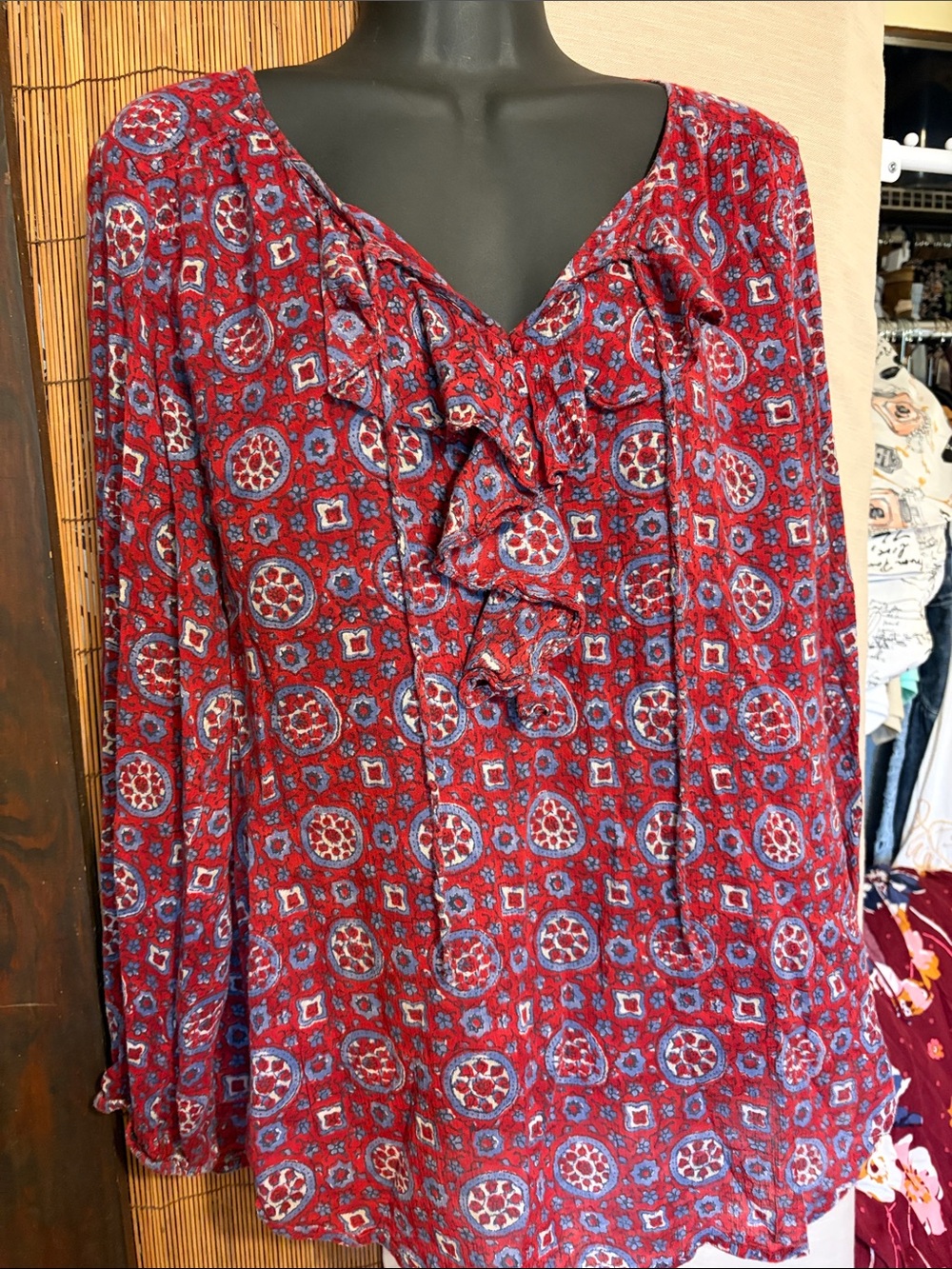 American Living Red Medallion Ruffle V-Neck Blouse